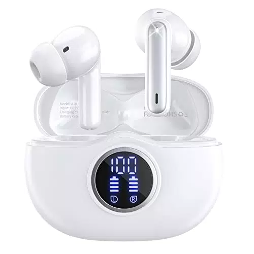 Cuffie Bluetooth, Auricolari Bluetooth 5.3 Cuffie Wireless in Ear with Hi-Fi Stereo Cancellazione Rumore HD Mics, IP7 Impermeabili Cuffie Senza Fili 40Hrs con Display a LED Cuffiette Bluetooth Bianco