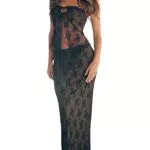 Estate delle donne 2 pezzi maxi gonna set elegante pizzo crop top a vita alta aderente maxi gonna 2 pezzi gonna set, nero