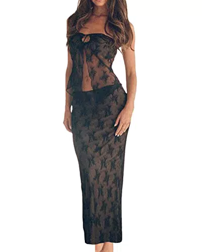Estate delle donne 2 pezzi maxi gonna set elegante pizzo crop top a vita alta aderente maxi gonna 2 pezzi gonna set, nero