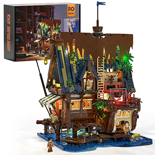 FUNWHOLE Set di mattoncini per costruzioni illuminate Medieval Pier Inn LED, 2143 pezzi