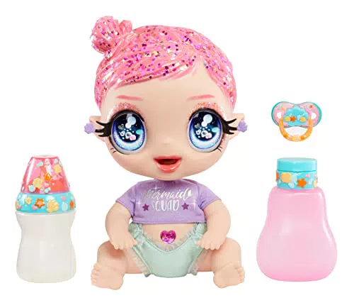 Glitter Babyz MARINA FINLEY - Bambola con 3 cambi di colore, capelli rosa glitterati, costume da sirena, accessori, biberon e ciuccio