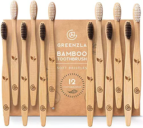 Greenzla Set di 12 spazzolini da denti in bambù naturale ecologico a setole morbide senza BPA