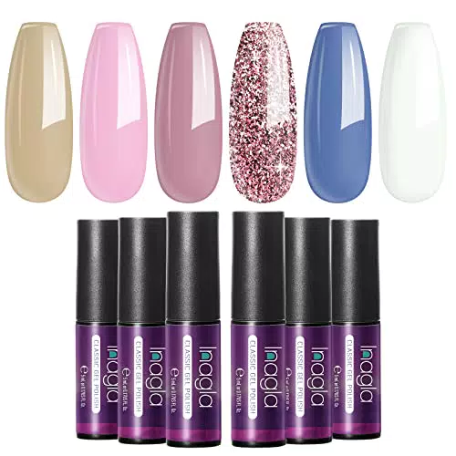 Inagla Smalto Semipermanente Smalto per Unghie in Gel UV LED 6pcs Kit Manicure Semipermanente Soak off 5ml de - Set smalti semipermanenti per unghie - stagione dei fiori di ciliegio