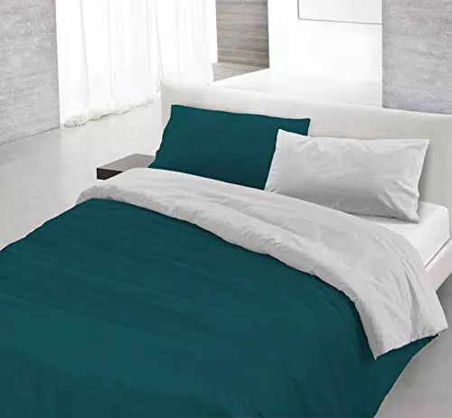 Italian Bed Linen Natural Color Parure Copri Piumino, 100% Cotone, Verde Petrolio/Grigio Chiaro, 3 unità