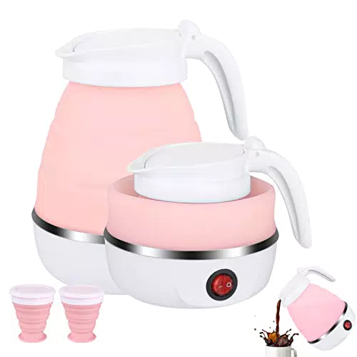 Jooheli Bollitore Elettrico Pieghevole in Silicone con 2 Tazze Pieghevoli, rosa