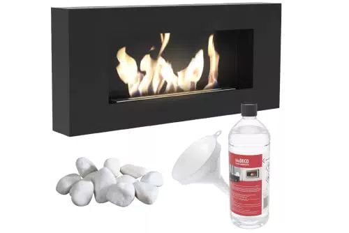KRATKI Delta Flat Caminetto a bioetanolo + ciottoli 1 kg + imbuto + biocarburante liquido 1 l + contenitore per biocarburante, nero opaco