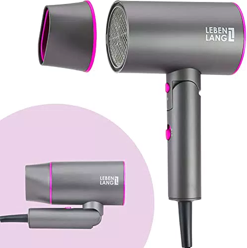 LEBENLANG Asciugacapelli Ion professionale pieghevole piccolo - Asciugacapelli da viaggio in grigio-pink