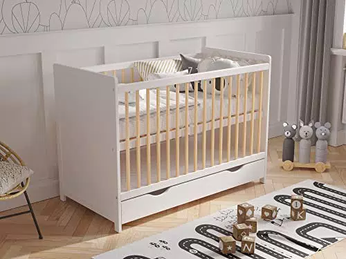 Love For Sleep Lettino Neonato Culla Lettino Bambino con il cassetto 120 x 60cm + Materasso in Schiuma + Barriera di Sicurezza in Legno