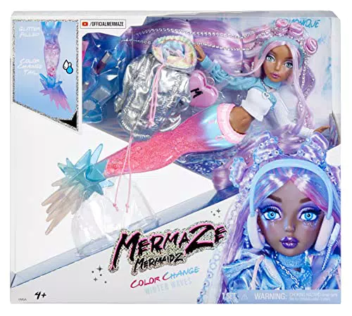 Mermaze Mermaidz Winter Waves - HARMONIQUE - Include bambola alla moda sirena, pinna che cambia colore, coda glitterata e accessori