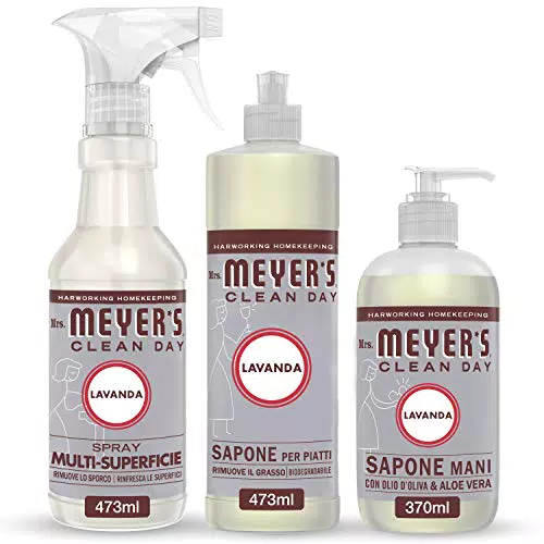 MRS MEYER'S CLEAN DAY, 1 Sapone Liquido Mani + 1 Detersivo Piatti + 1 Spray Igienizzante Multisuperficie, Fragranza Lavanda