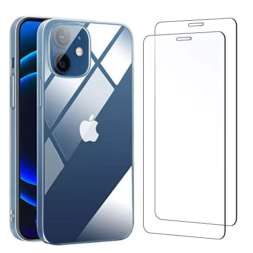 NEW'C Cover per iPhone 12 e iPhone 12 Pro Gel TPU in silicone custodia ultra trasparente e 2× vetro temperato per iPhone 12 e iPhone 12 Pro