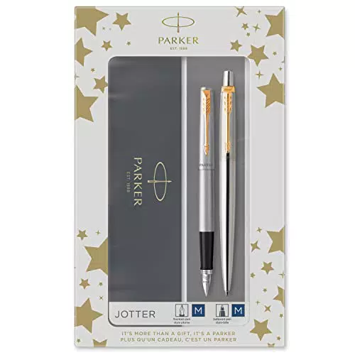 Parker Jotter Duo Set con Penna a Sfera e Penna Stilografica in Acciaio Inox con Finiture in Oro, Confezione Regalo