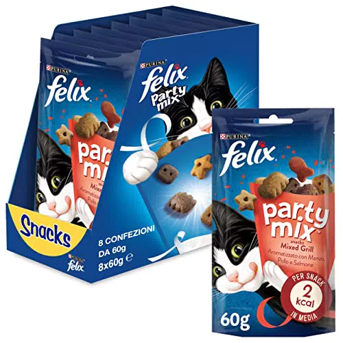 Purina Felix Party Mix Snack Gatto Mixed Grill con Manzo, Pollo e Salmone, 8 Confezioni da 60 g