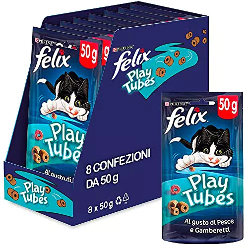 Purina Felix Playtubes Snack Gatto con Pesce e Gamberetti, 8 Confezioni