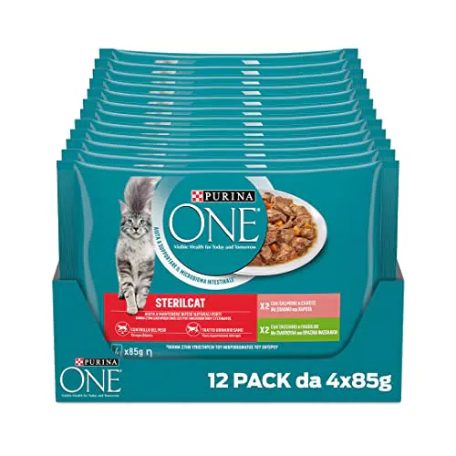 Purina One Sterilcat Filettini in Salsa Cibo per Gatti Sterilizzati Salmone e Tacchino, 48 buste da 85g