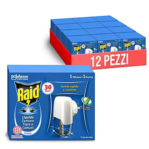 Raid Liquido Elettrico Antizanzare Contro Zanzare Comuni e Tigre, Formato Scorta da 12 Diffusori e 12 Ricariche
