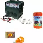 Recinto Elettrico Kit con 1 Elettrificatore a Doppia Alimentazione 12V / 220V + 1 Filo 500 MT 6 Mm + 100 Pezzi isolatori per paletti in Legno