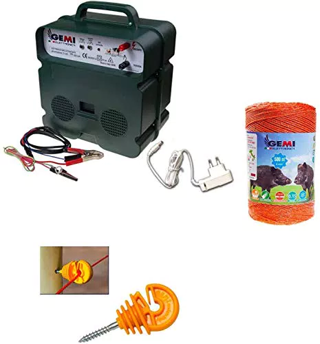 Recinto Elettrico Kit con 1 Elettrificatore a Doppia Alimentazione 12V / 220V + 1 Filo 500 MT 6 Mm + 100 Pezzi isolatori per paletti in Legno