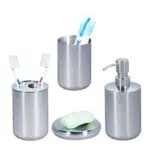 Relaxdays Bagno in 4 Accessori, Acciaio Inox Lucido: Portaspazzolino, Portaponetta, Dispenser, Bicchiere