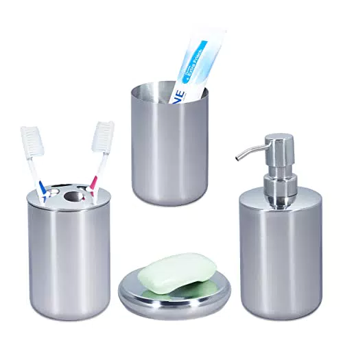 Relaxdays Bagno in 4 Accessori, Acciaio Inox Lucido: Portaspazzolino, Portaponetta, Dispenser, Bicchiere