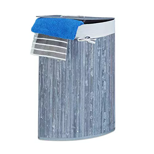Relaxdays Cesto Porta-Biancheria angolare, con Sacco in Cotone, legno grigio