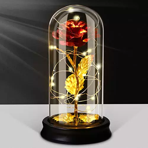 Rosa Eterna con Cupola di Vetro Base in Legno LED