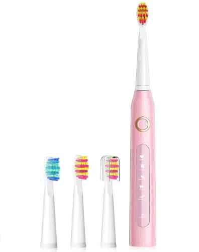 Spazzolino Elettrico Ultrasuoni, Spazzolini Sonico con USB Ricaricabile con 4 testine, rosa