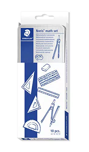 Staedtler kit di strumenti per le prime lezioni di matematica: matita, temperino, compasso, righello, squadre, goniometro