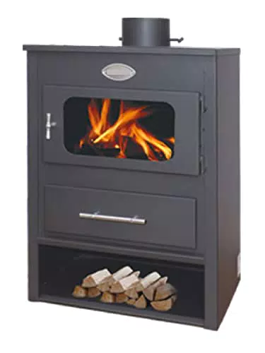 Stufa a Legna in Acciaio 7-10 KW Roma con Vetro Ceramico Ampia vista fuoco Portalegna