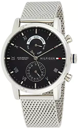Tommy Hilfiger Orologio Analogico Multifunzione al Quarzo da Uomo con Cinturino in Maglia Metallica in Acciaio Inossidabile Argentato - 1710402