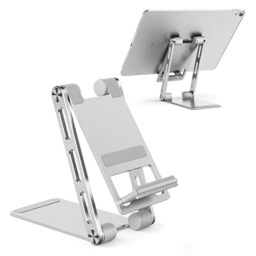 UNHO Porta Cellulare da Tavolo Regolabile, Supporto per tablet Supporto Cellulare da Tavolo Pieghevole Supporto Telefono Scrivania in Alluminio Argento Ufficio portatile per iPhone11/13 iPad Samsung