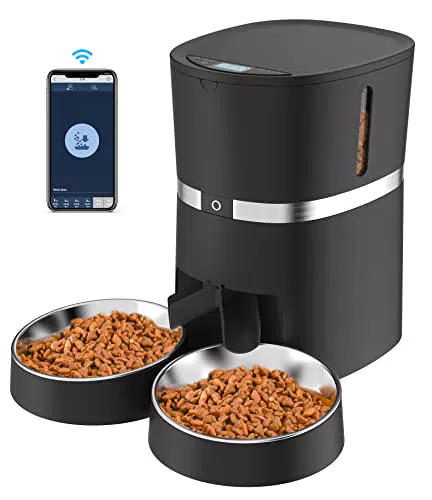 WellToBe Wifi Distributore Automatico di Cibo per Due Gatti, Timer e di Registrazione del Suono Fino a 6 pasti al Giorno -Black