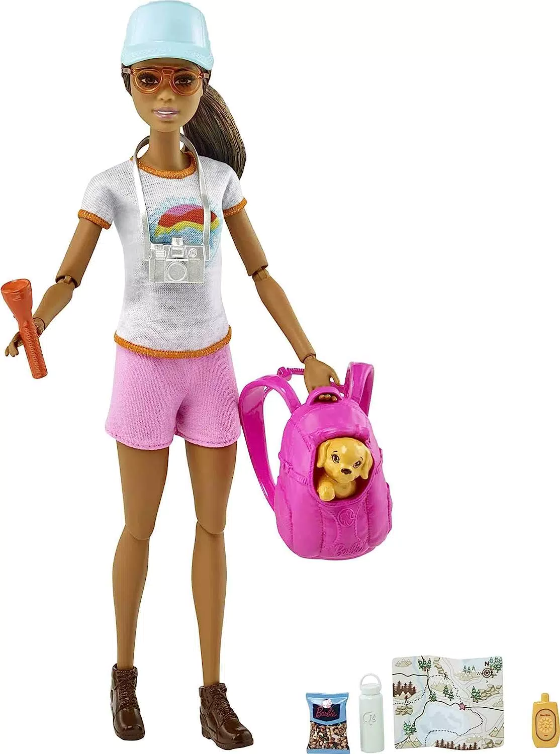 Barbie -Bambola Escursionista, Bruna, con Cucciolo e 9 Accessori