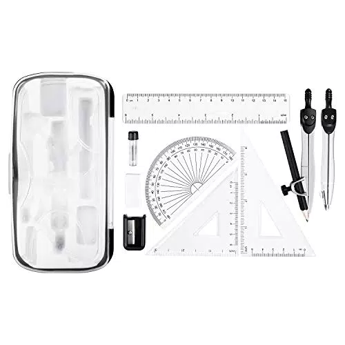 Amazon Basics - Kit da 10 pezzi per matematica (compassi, matita e mina in grafite, gomma per cancellare, temperamatite, goniometro, squadre, righello e custodia)