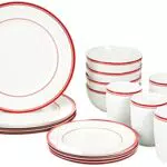 Amazon Basics - Servizio di piatti di porcellana per 4 persone, bordo rosso