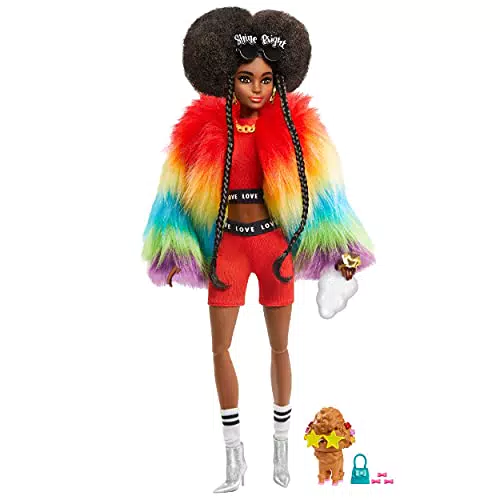 Barbie Extra Doll #1 in Furry Rainbow Coat with Pet Poodle