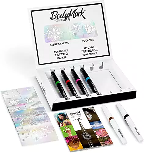 BIC BodyMark, Kit Tattoo Temporanei, 6 Pennarelli Tatuaggi Temporanei + 9 Stencil + 1 Lookbook Creativo
