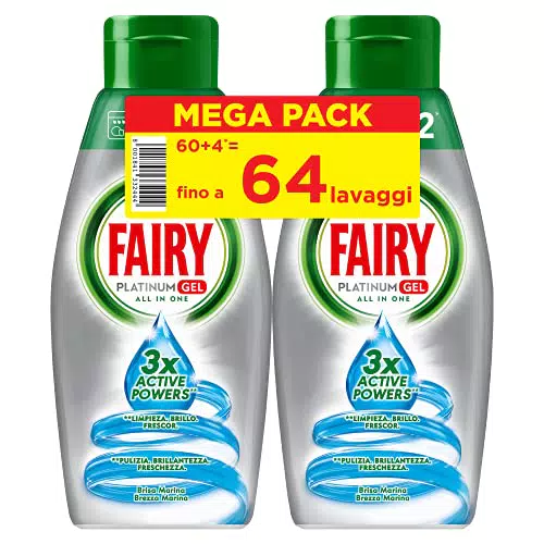 Fairy Gel Detersivo Lavastoviglie - 64 Lavaggi - 2 bottiglie da 32 lavaggi - Limone