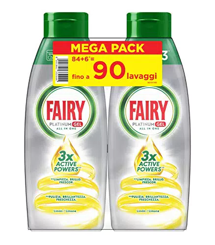 Fairy Gel Detersivo Lavastoviglie - 90 Lavaggi - 2 bottiglie da 45 lavaggi - Limone