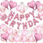 Generico ROCATT Kit Festa 51 Pezzi Bambina e Ragazza Cuore Rosa Set Palloncini Colorati Rosa e Bianchi per Compleanno con Festone Happy Birthday