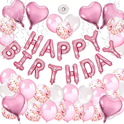 Generico ROCATT Kit Festa 51 Pezzi Bambina e Ragazza Cuore Rosa Set Palloncini Colorati Rosa e Bianchi per Compleanno con Festone Happy Birthday