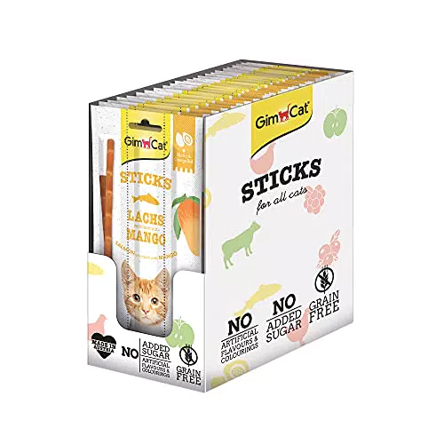 GimCat Superfood Duo Sticks Salmone & Mango - Morbidi snack da masticare con un’elevata percentuale di carne e vitamine, 24 confezioni