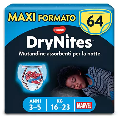 Huggies Drynites Mutandine Assorbenti per la Notte per Bambino, Taglia S (16-23 Kg), Confezione da 64 Mutandine