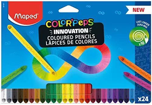 Maped - Pastelli colorati Color'PEPS INFINITY 24 pezzi 100% mina colorata non è necessario temperare utilizzabile al 100% morbido e molto piacevole sulla carta