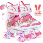NEMONE Coniglio Fragola Pattini a Rotelle Bambina Regolabili 8 Ruote Illumina LED Pattini a Rotelle per Bambino Bambini Regalo M