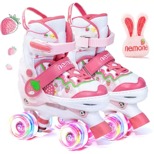 NEMONE Coniglio Fragola Pattini a Rotelle Bambina Regolabili 8 Ruote Illumina LED Pattini a Rotelle per Bambino Bambini Regalo M