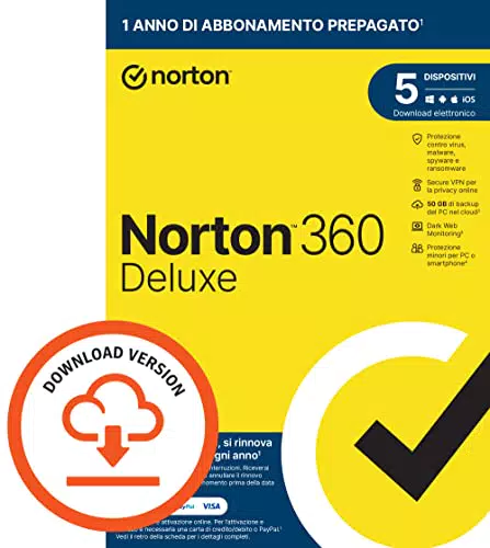 Norton 360 2023, Deluxe, 5 Dispositivi, PC, Codice d'attivazione per PC via email