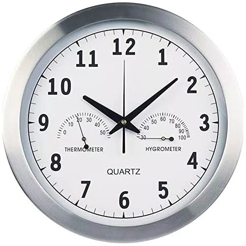 Orologio da Parete in Alluminio e Vetro con Termometro ed Igrometro - Ø 35