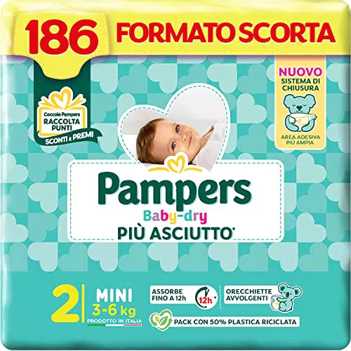 Pampers Baby Dry Mini, 186 Pannolini, Taglia 2 (3-6 kg)