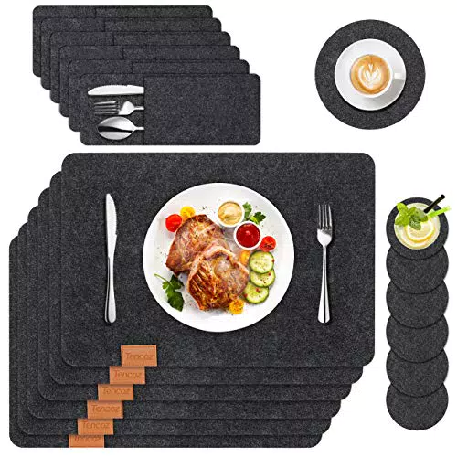 Tencoz Tovagliette Feltro, Set di 6 Tovagliette Americana Lavabili con 6 Sottobicchieri e 6 Tasca Portaposate, nero